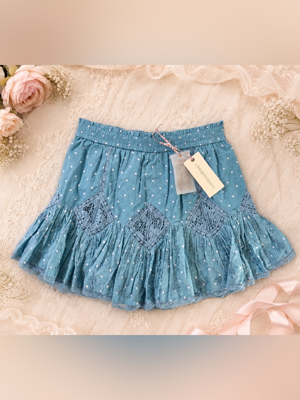 LoveShackFancy Adia Skirt Blue Bonnet Polka Dot Lace Mini NWT Medium